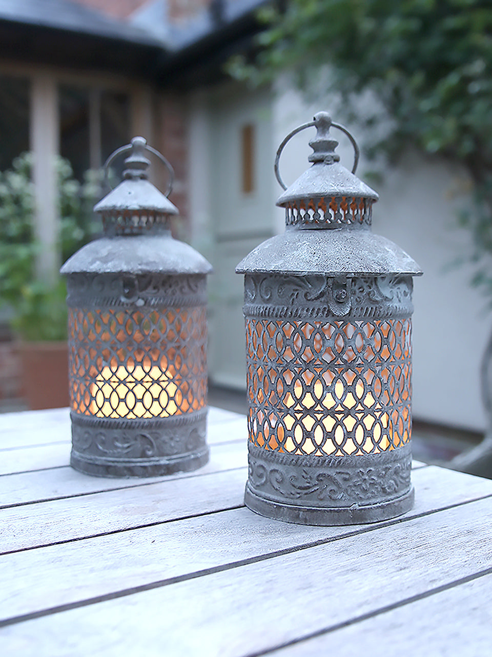Greywashed Fretwork Metal Lantern