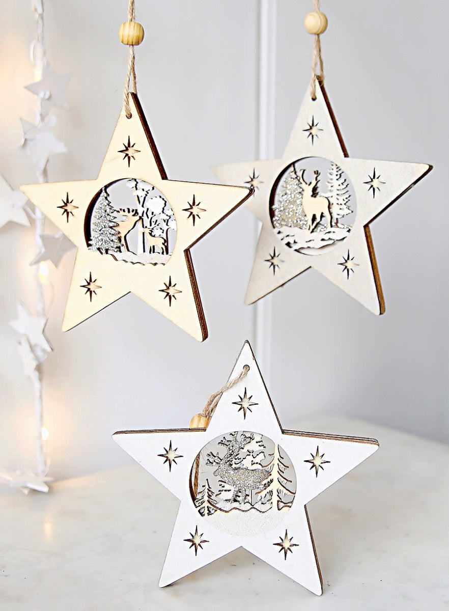 Wooden Hanging Stars With Reindeer Scenes